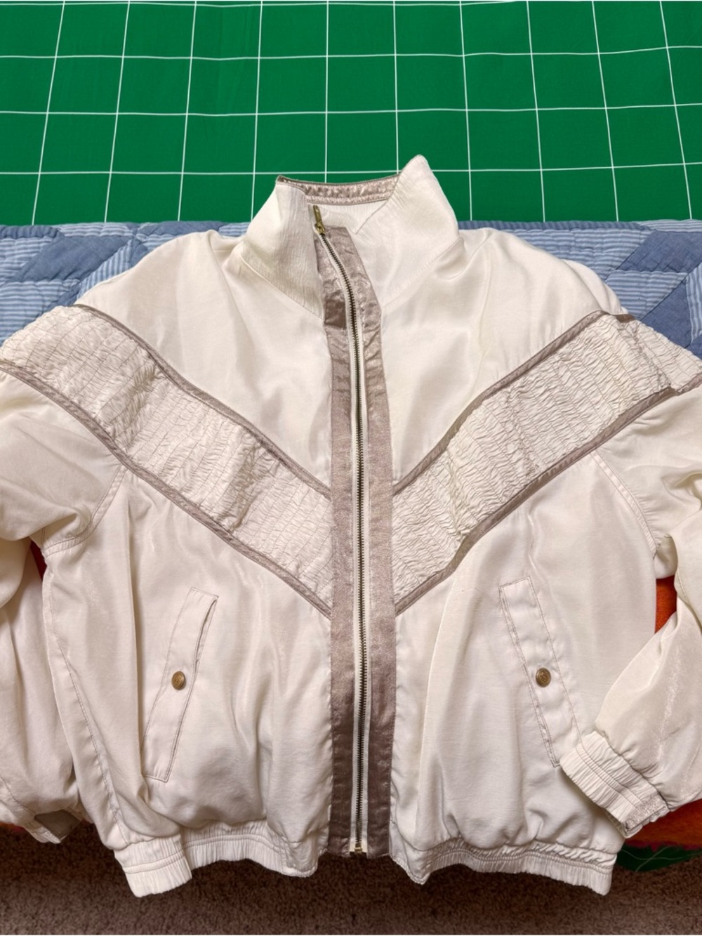 Vintage 90s Gallery Sport Bomber Jacket White Silver M Smocked Trim Y2K